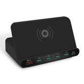 828W 7 in 1 60W QC 3.0 USB Interface + 4 USB Ports + USB-C / Type-C Interface + Wireless Charging Multi-function Charger with Mobile Phone Holder Function, US Plug